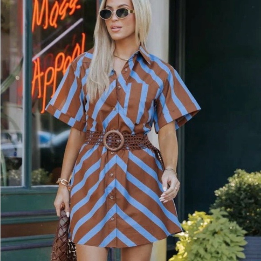 Entro Womens Striped Babydoll Dress Size M Blue Brown Western Boho Chic Flirty